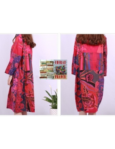 Tunique ou robe non doublée reteintée manches longues coupe tulipe PATCHWORK boho ethnique folk XL ROSE