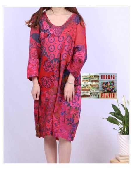 Tunique ou robe non doublée reteintée manches longues coupe tulipe PATCHWORK boho ethnique folk XL ROSE