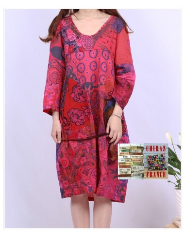 Tunique ou robe non doublée reteintée manches longues coupe tulipe PATCHWORK boho ethnique folk XL ROSE