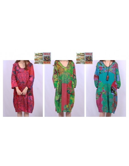 Tunique ou robe non doublée reteintée manches longues coupe tulipe PATCHWORK boho ethnique folk XL OCRE