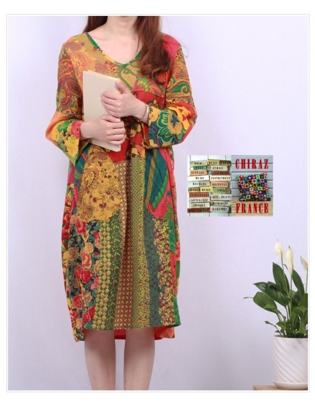 Tunique ou robe non doublée reteintée manches longues coupe tulipe PATCHWORK boho ethnique folk XL OCRE