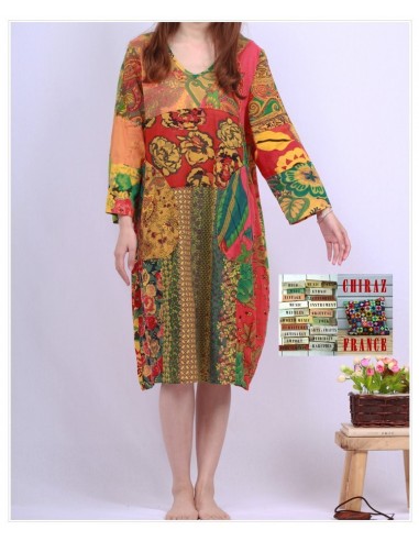 Tunique ou robe non doublée reteintée manches longues coupe tulipe PATCHWORK boho ethnique folk XL OCRE