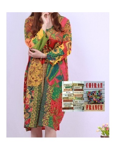 Tunique ou robe non doublée reteintée manches longues coupe tulipe PATCHWORK boho ethnique folk XL OCRE