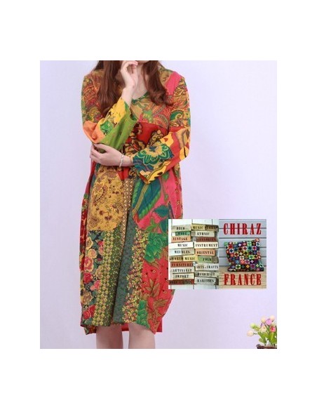 Tunique ou robe non doublée reteintée manches longues coupe tulipe PATCHWORK boho ethnique folk XL OCRE