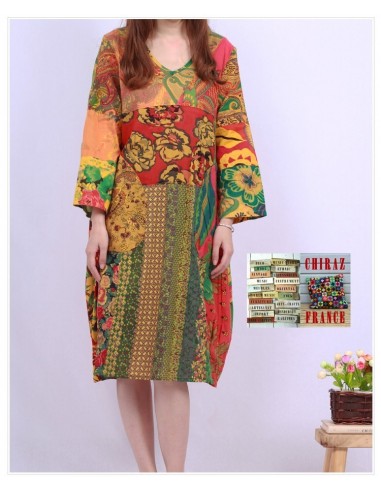 Tunique ou robe non doublée reteintée manches longues coupe tulipe PATCHWORK boho ethnique folk XL OCRE