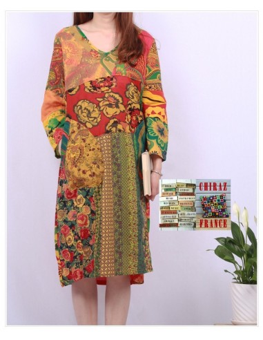 Tunique ou robe non doublée reteintée manches longues coupe tulipe PATCHWORK boho ethnique folk XL OCRE