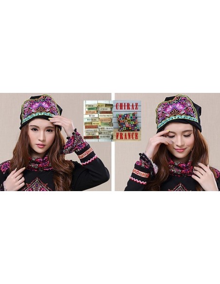 Bonnet NOIR coton extensible écusson rose broderie folk boho ethnique (turban chemo)