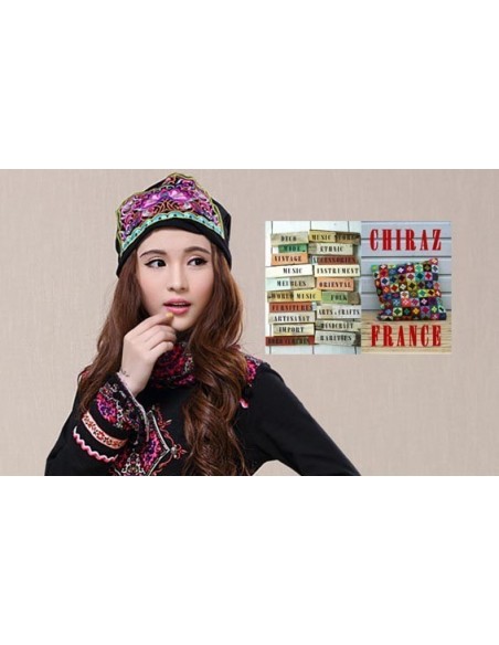 Bonnet NOIR coton extensible écusson rose broderie folk boho ethnique (turban chemo)