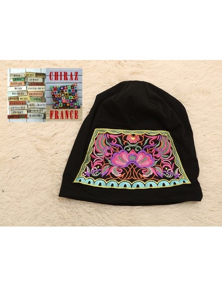 Bonnet NOIR coton extensible écusson rose broderie folk boho ethnique (turban chemo)