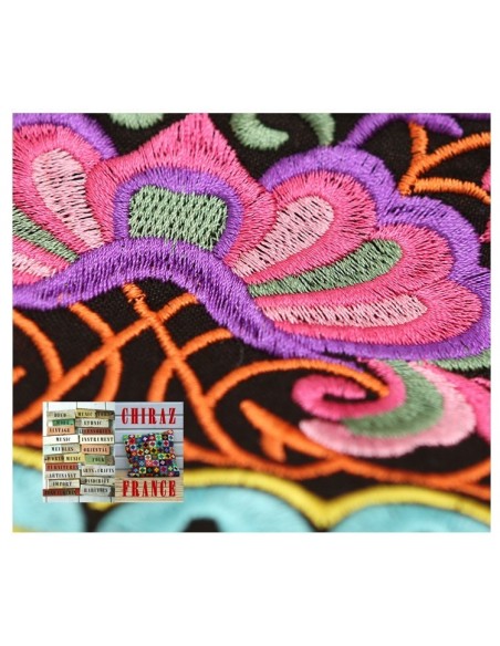 Bonnet NOIR coton extensible écusson rose broderie folk boho ethnique (turban chemo)