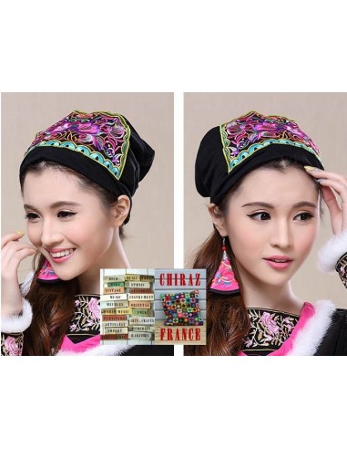 Bonnet NOIR coton extensible écusson rose broderie folk boho ethnique (turban chemo)