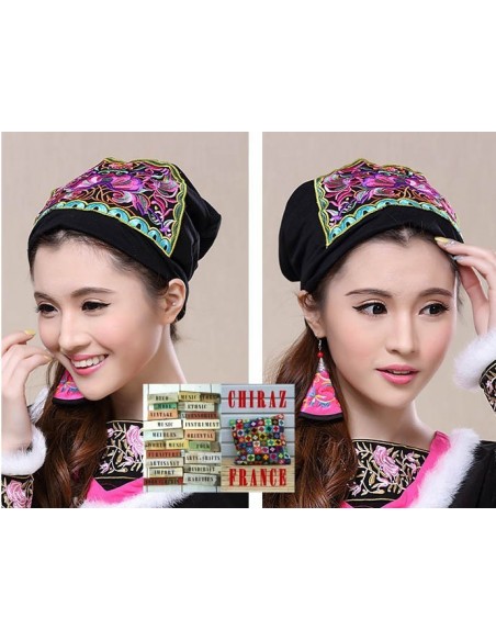 Bonnet NOIR coton extensible écusson rose broderie folk boho ethnique (turban chemo)