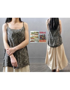 TOP débardeur chambray GRIS blanc fleuri coton glacé boho ethnique folk XL 2
