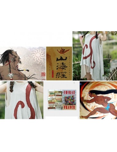 Tunique robe longue coupe trapèze coton gaufré double pans spirale brodé couleurs nature boho ethnique folk Tunique robe longue coupe trapèze coton gaufré double pans spirale brodé couleurs nature boho ethnique folk