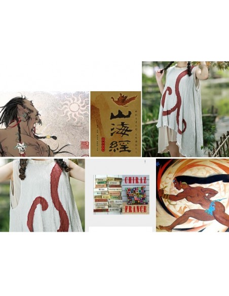 Tunique robe longue coupe trapèze coton gaufré double pans spirale brodé couleurs nature boho ethnique folk Tunique robe longue coupe trapèze coton gaufré double pans spirale brodé couleurs nature boho ethnique folk