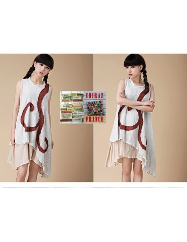 Tunique robe longue coupe trapèze coton gaufré double pans spirale brodé couleurs nature boho ethnique folk Tunique robe longue coupe trapèze coton gaufré double pans spirale brodé couleurs nature boho ethnique folk