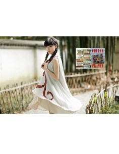 Tunique robe longue coupe trapèze coton gaufré double pans spirale brodé couleurs nature boho ethnique folk