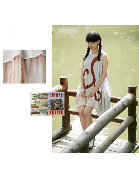 Tunique robe longue coupe trapèze coton gaufré double pans spirale brodé couleurs nature boho ethnique folk Tunique robe longue coupe trapèze coton gaufré double pans spirale brodé couleurs nature boho ethnique folk