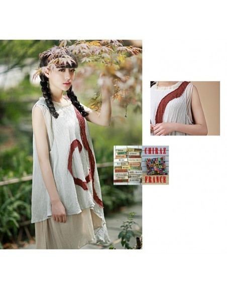 Tunique robe longue coupe trapèze coton gaufré double pans spirale brodé couleurs nature boho ethnique folk Tunique robe longue coupe trapèze coton gaufré double pans spirale brodé couleurs nature boho ethnique folk