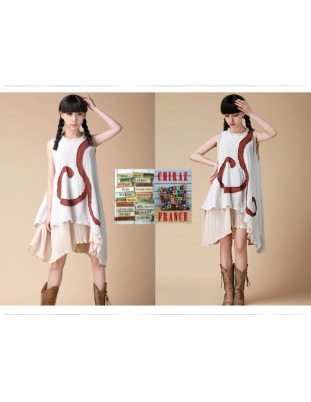 Tunique robe longue coupe trapèze coton gaufré double pans spirale brodé couleurs nature boho ethnique folk Tunique robe longue coupe trapèze coton gaufré double pans spirale brodé couleurs nature boho ethnique folk