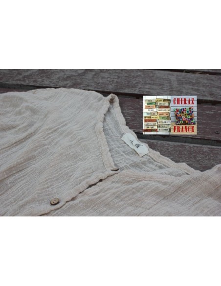 Chemisier surveste gaze de LIN graphique BLANC ou BEIGE idéal superposition 2 poches boho ethnique