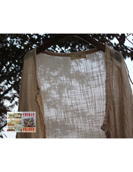 Chemisier surveste gaze de LIN graphique BLANC ou BEIGE idéal superposition 2 poches boho ethnique