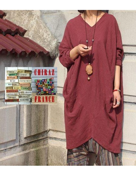 Tunique longue destructurée coupe biais col V pans croisés effet poche boho ethnique