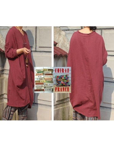 Tunique longue destructurée coupe biais col V pans croisés effet poche boho ethnique