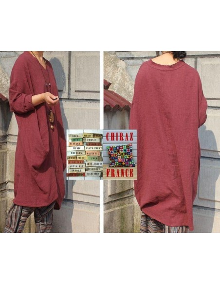 Tunique longue destructurée coupe biais col V pans croisés effet poche boho ethnique