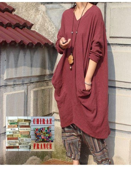 Tunique longue destructurée coupe biais col V pans croisés effet poche boho ethnique