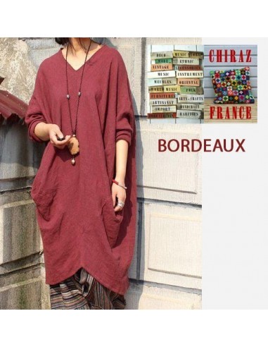 Tunique longue destructurée coupe biais col V pans croisés effet poche boho ethnique