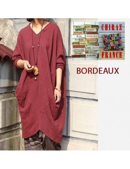 Tunique longue destructurée coupe biais col V pans croisés effet poche boho ethnique