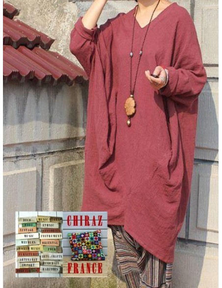 Tunique longue destructurée coupe biais col V pans croisés effet poche boho ethnique