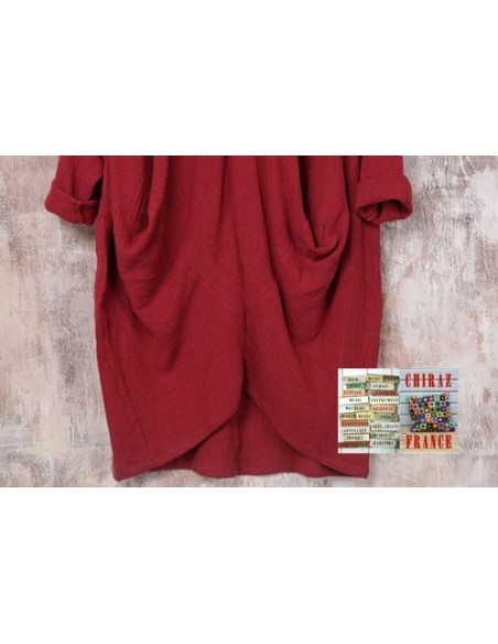 Tunique longue destructurée coupe biais col V pans croisés effet poche boho ethnique