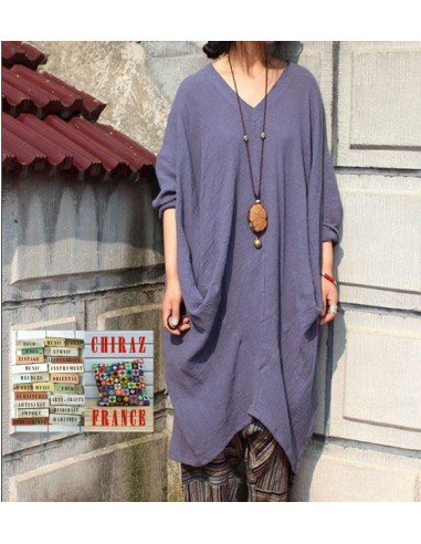 Tunique longue destructurée coupe biais col V pans croisés effet poche boho ethnique