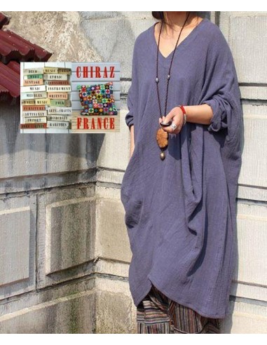 Tunique longue destructurée coupe biais col V pans croisés effet poche boho ethnique