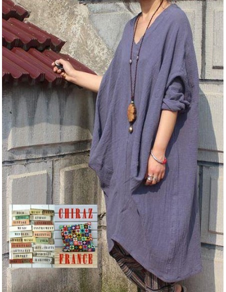 Tunique longue destructurée coupe biais col V pans croisés effet poche boho ethnique