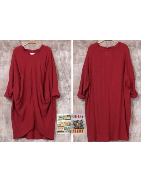 Tunique longue destructurée coupe biais col V pans croisés effet poche boho ethnique