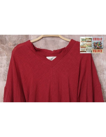 Tunique longue destructurée coupe biais col V pans croisés effet poche boho ethnique