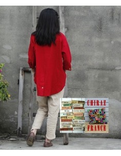 Tunique coton épaisse destructurée ROUGE surveste dos arrondi boutonné boho ethnique artisan 2