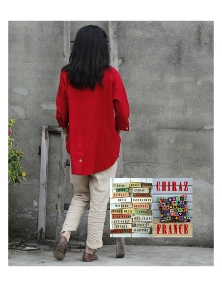 Tunique coton épaisse destructurée ROUGE surveste dos arrondi boutonné boho ethnique artisan