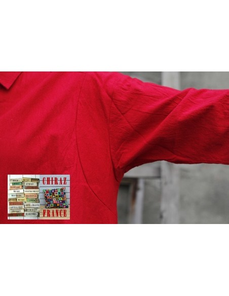 Tunique coton épaisse destructurée ROUGE surveste dos arrondi boutonné boho ethnique artisan