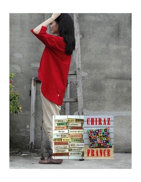 Tunique coton épaisse destructurée ROUGE surveste dos arrondi boutonné boho ethnique artisan