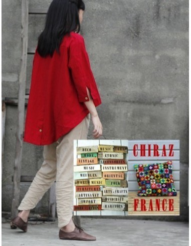 Tunique coton épaisse destructurée ROUGE surveste dos arrondi boutonné boho ethnique artisan