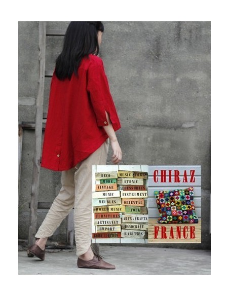 Tunique coton épaisse destructurée ROUGE surveste dos arrondi boutonné boho ethnique artisan