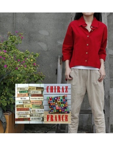 Tunique coton épaisse destructurée ROUGE surveste dos arrondi boutonné boho ethnique artisan