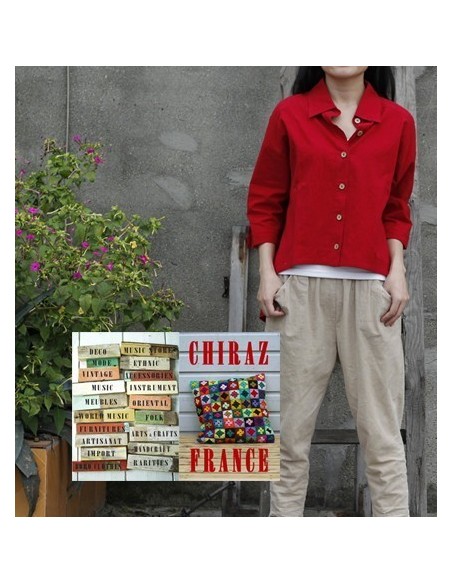 Tunique coton épaisse destructurée ROUGE surveste dos arrondi boutonné boho ethnique artisan