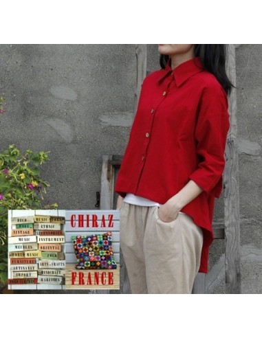 Tunique coton épaisse destructurée ROUGE surveste dos arrondi boutonné boho ethnique artisan