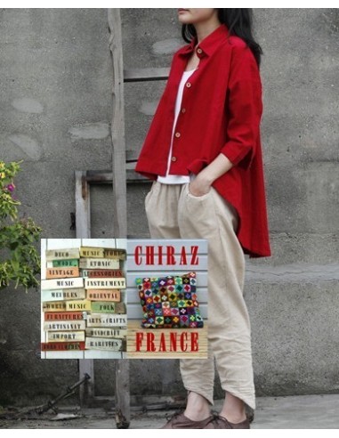 Tunique coton épaisse destructurée ROUGE surveste dos arrondi boutonné boho ethnique artisan