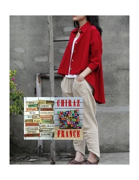 Tunique coton épaisse destructurée ROUGE surveste dos arrondi boutonné boho ethnique artisan